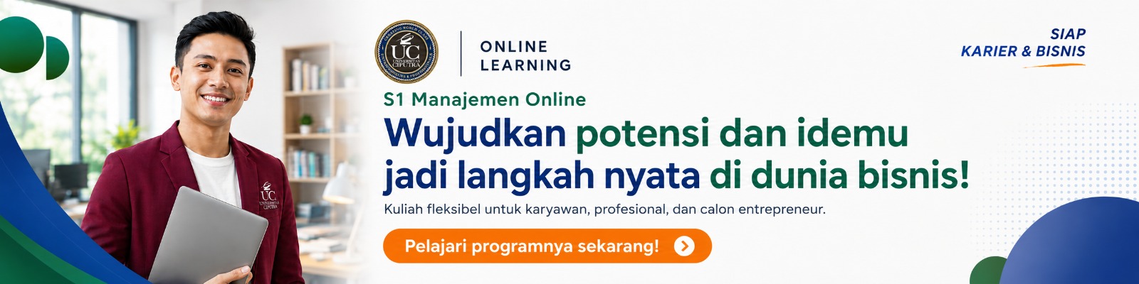 Banner promosi S1 Manajemen Online UC Online Learning untuk karyawan, profesional, dan calon entrepreneur